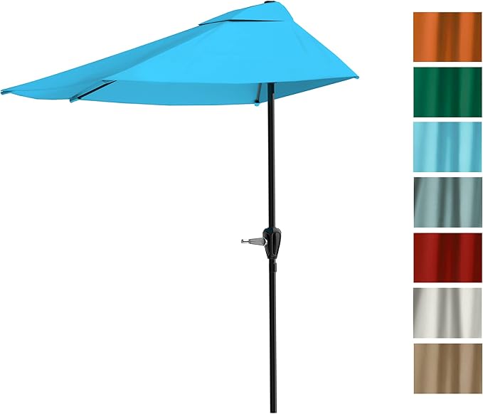 Half Umbrella Outdoor Patio Shade - 9 ft Patio Umbrella with Easy Crank - Small Canopy for Balcony, Table, or Deck by Pure Garden (Brilliant Blue)