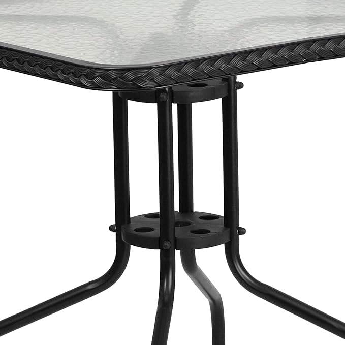 Flash Furniture Lila 28'' Square Glass Metal Table with Black Rattan Edging and 2 Black Rattan Stack Chairs