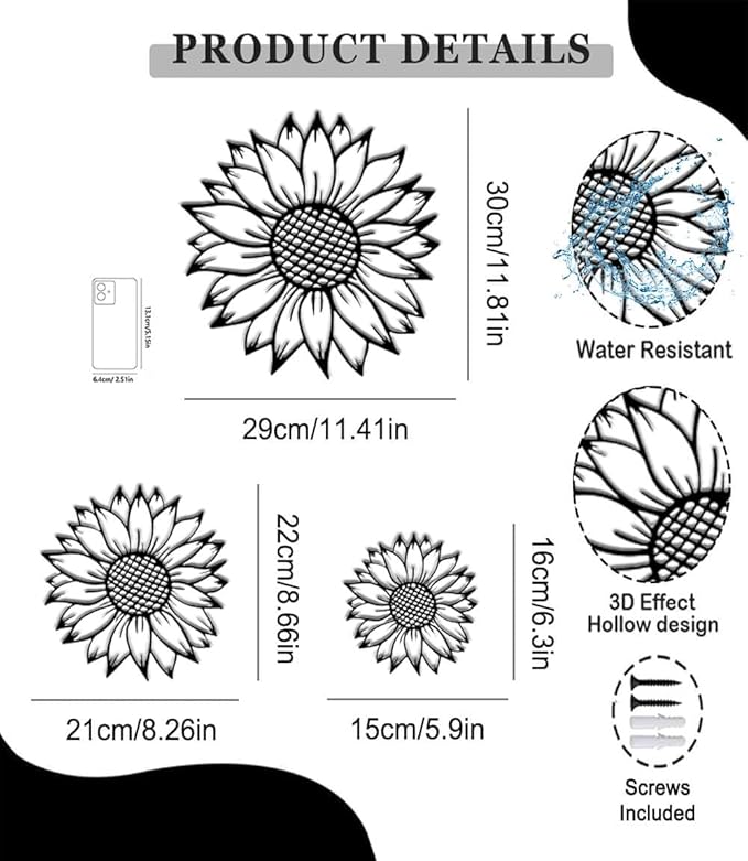 3 Pack Metal Flowers Wall Decor - Premium Sunflower Wall Sculpture Art Rust-Proof Farmhouse Hanging Decor for Indoor & Outdoor Living Room, Kitchen, Bedroom, Garden, Unique Floral Housewarming Gifts