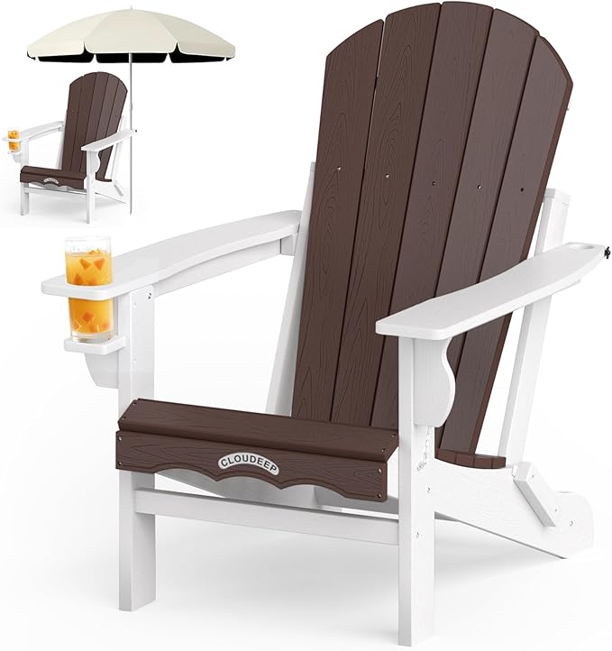 Folding Adirondack Chair –Recyclable HDPE Outdoor Adirondack Patio Chair with Cup Holder, Wood Texture & Umbrella Hole, 25-Year Fade-Free All Weather for Fire Pit, Porch, Poolside, Deck, Brown & White