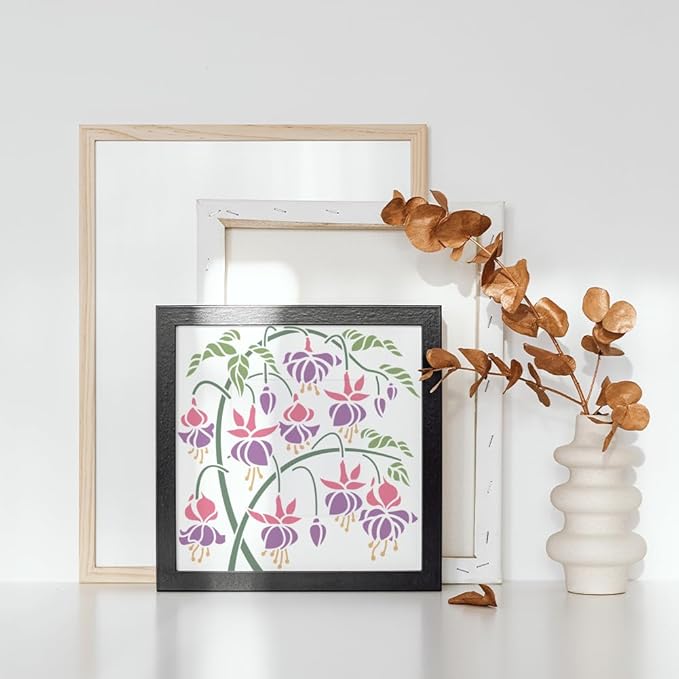 MAYJOYDIY 2pcs Fuchsia Begonia Stencil 11.8×11.8/11.7×8.3inch Fuchsia Flower Hummingbird Stencils with Paint Brush Reusable Flourishing Flower Vine Tree Template for Furniture Fabric Wood Wall Canvas