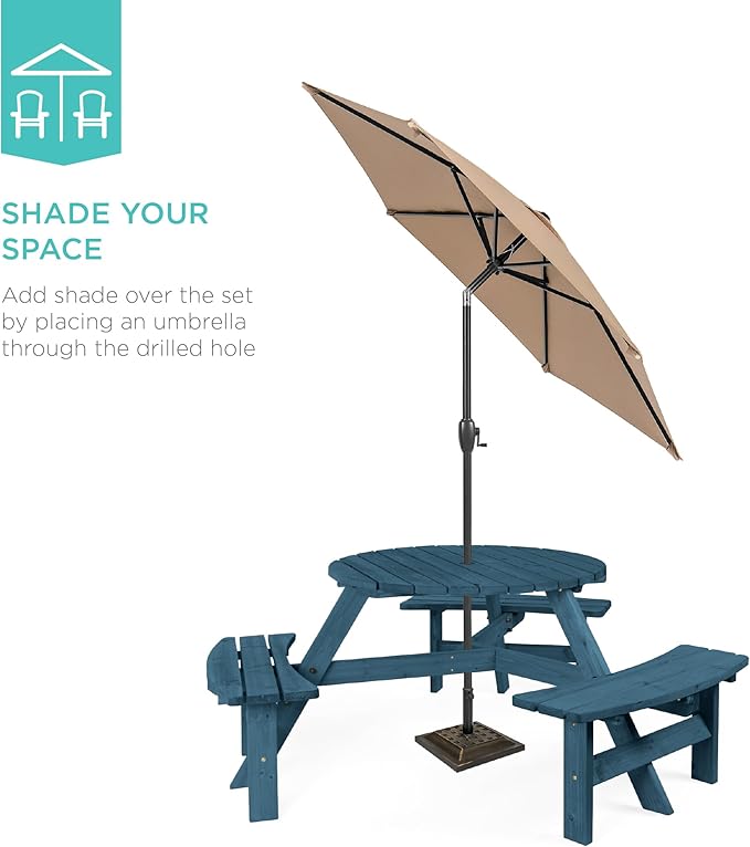 Best Choice Products 6-Person Circular Outdoor Wooden Picnic Table for Patio, Backyard, Garden, DIY w/ 3 Built-in Benches, 500lb Capacity - Harbor Blue