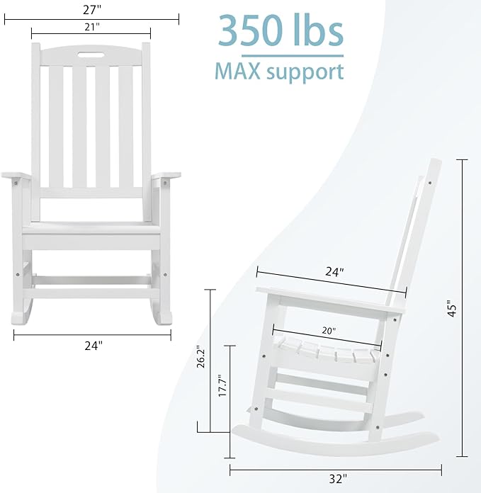 Psilvam Oversized Outdoor Rocking Chair Set of 2, Porch Rocker with 21" Wide Seat and 32" Tall Backrest, Pre-Assembled with Most Components for Effortless Installation (White)
