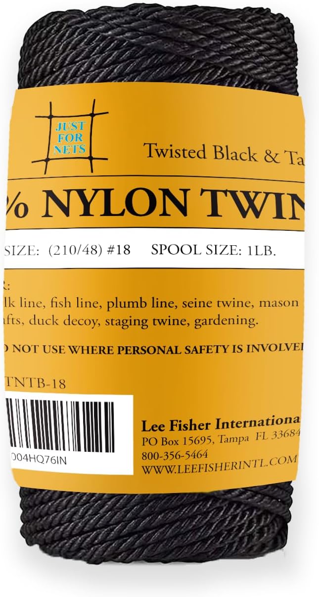 Just For Nets Twisted Tarred Nylon Bank Line Twine, Black, 1lb Spool - Heavy Duty String Line for Net Repair, Camping, Trot Line Fishing, Bushcraft Cordage (#18-1lb Spool)