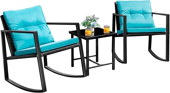 Flamaker Patio Chairs 3 Piece Wicker Rocking Chair Outdoor Bistro Sets with Coffee Table and Cushions Metal Frame Patio Furniture for Porch, Balcony, Lawn (Blue)