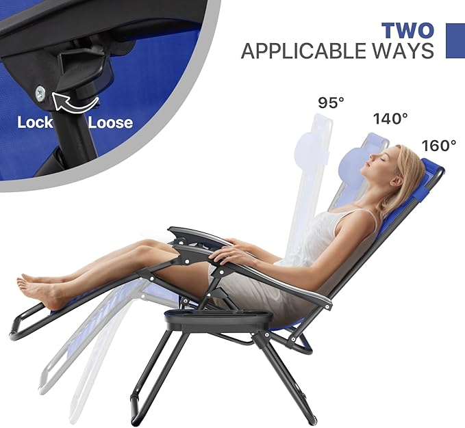 Magshion Zero Gravity Lounge Chair, Adjustable Folding Recliner with Cup Holder Side Tray & Removable Headrest Pillow, Portable Outdoor Patio Lounger for Camping, Beach, Lawn, Backyard, Blue