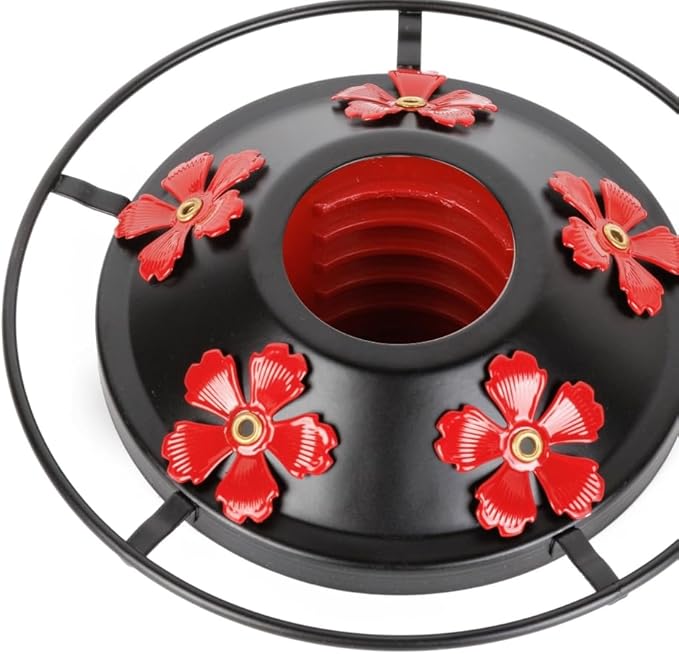 WOSIBO Hummingbird Feeder Replacement Bottom Base Replacement Part Includes Red Plastic Base Metal Top and Brushes (Black with 5 Flower)