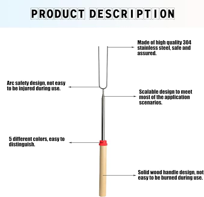5 PCS Stainless Steel Marshmallow Roasting Sticksfor, 32Inch Long Kitchen Smores Sticks For Fire Pit, Marshmellow Roasting Tongs BBQ Tools, Smores Skewers for Campfire, Camping, Hotdogs, Bonfire Grill