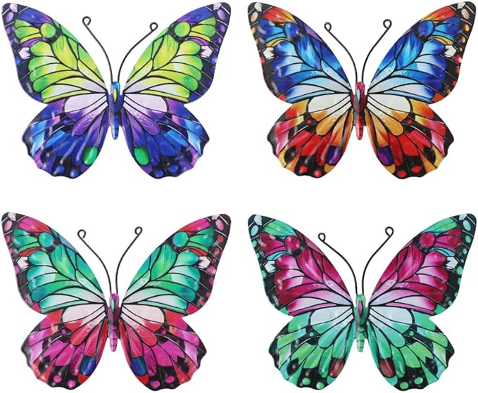 4 Pcs Metal Butterfly Wall Decor Art, Colorful Butterflies Outdoor Wall Art, Hand Craft Outdoor Garden Decor for Fence, Patio, Yard Decoration