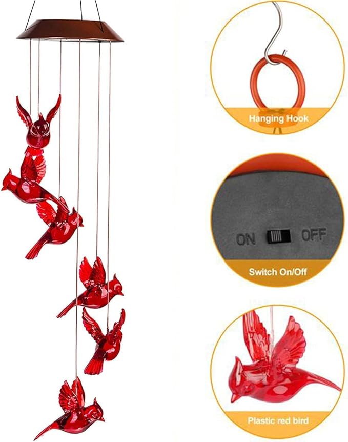 Cardinal Solar Wind Chimes for Outside, Solar Powered Red Bird Chime Light, Cardinal Gifts for Mother Mom Grandma Women Birthday, Hummingbird Decor for Patio, Deck, Yard, Garden, Home