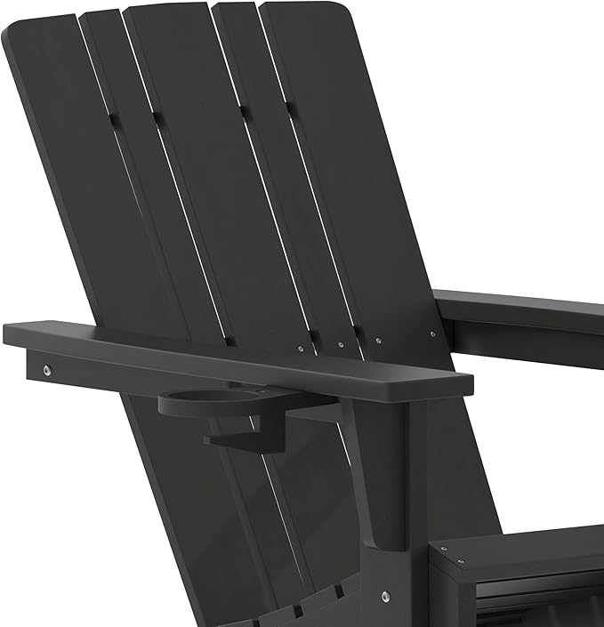 Flash Furniture Halifax Adirondack Chairs with Cup Holders, Weather Resistant Poly Resin Adirondack Chairs, Set of 4, Black