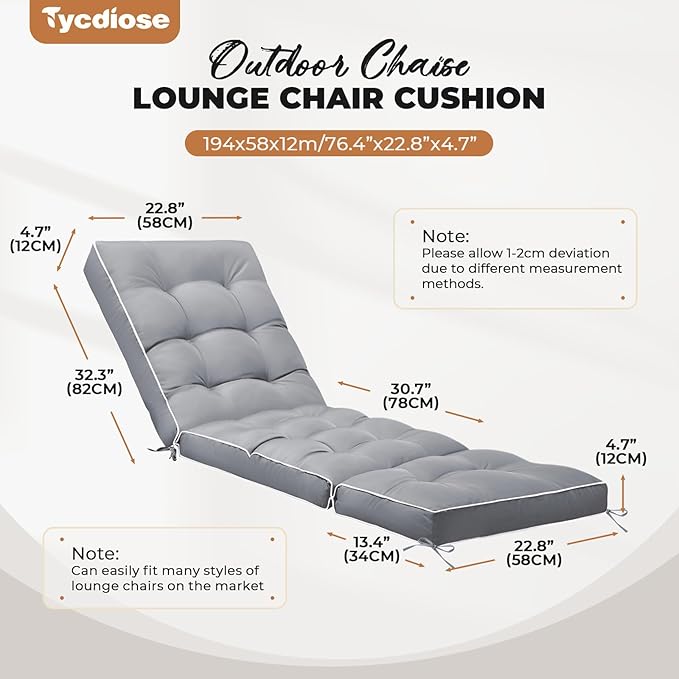 Outdoor Chaise Lounge Chair Cushion, Non-Slip Patio Chaise Lounge Cushions Waterproof for Outdoor Furniture, Thickened Patio Pool Lounger Chair Cushion, 76.4 x 22.8 x 4.7 Inches, Grey