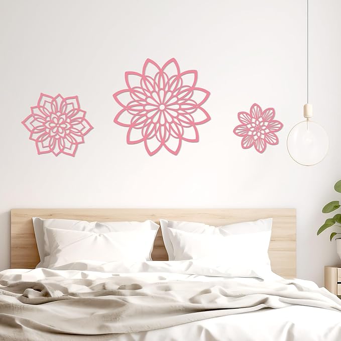 3 Pieces Metal Flowers Wall Decor, Black Wall Decoration Metal, Flower Art Wall Decor Farmhouse Wall Decorations Multiple Flowers Hanging Decor for Bathroom Living Room Home Kitchen Garden Office (Pink Elegant)