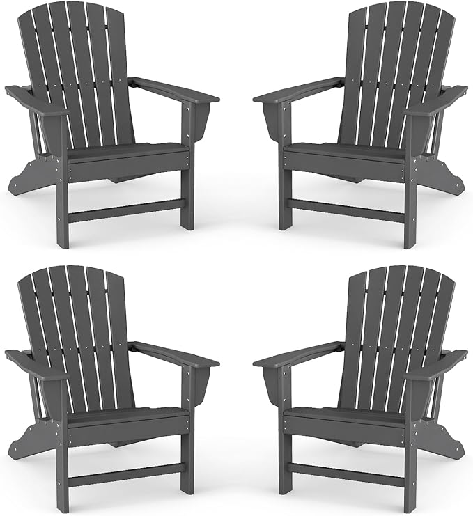 BRIOPAWS Oversized Adirondack-Chairs-Set of 4 | HDPE Plastic | Fire Pit Chair | Weather Resistant | for Deck Outdoor Poolside Campfire | Grey