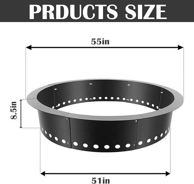 Fire Ring for Outside Fire Pit 55-Inch Outer/51-Inch Inner Diameter, VivaGarden Heavy Duty Solid Metal Steel Round Fire Pit Ring for Camping, DIY Campfire FirePit Insert Kit for Wood Burning, Black