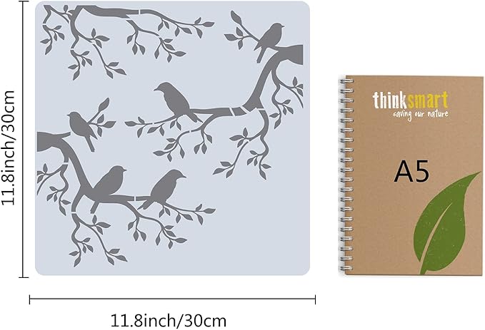 GORGECRAFT Tree Stencil Template Bird Large 11.8x11.8 Inch Reusable Birds on Tree Stencil Leaf Silhouette Sign Home Decor Hummingbird Template for Painting on Wood Wall Scrapbook Card Floor Drawing