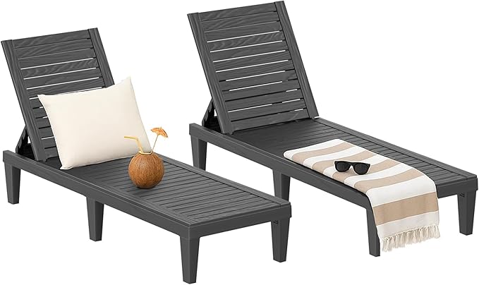 EasyUp Chaise Lounge Chair Outdoor, Resin Lounge Chair with 5-Position Backrest, UV - Resistant, Waterproof for Pool, Beach & Patio (Set of 2-Black1)