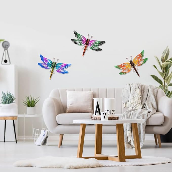 Metal Dragonfly Wall Decor, 3 Pack Colorful Dragonfly Outdoor Decor, Metal Outdoor Wall Art for Garden, Patio, Yard, Fence, Outside