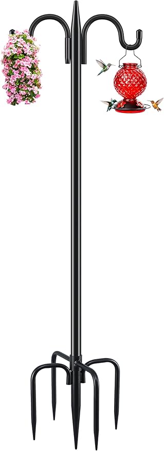 Gtongoko Double Shepherds Hook for Outdoor, 108 Inch Heavy Duty Bird Feeder Pole 3/4 Inch Thick Garden Hooks for Hanging Hummingbird Feeder, Plant Baskets, Solar Light Lanterns, 1 Pack