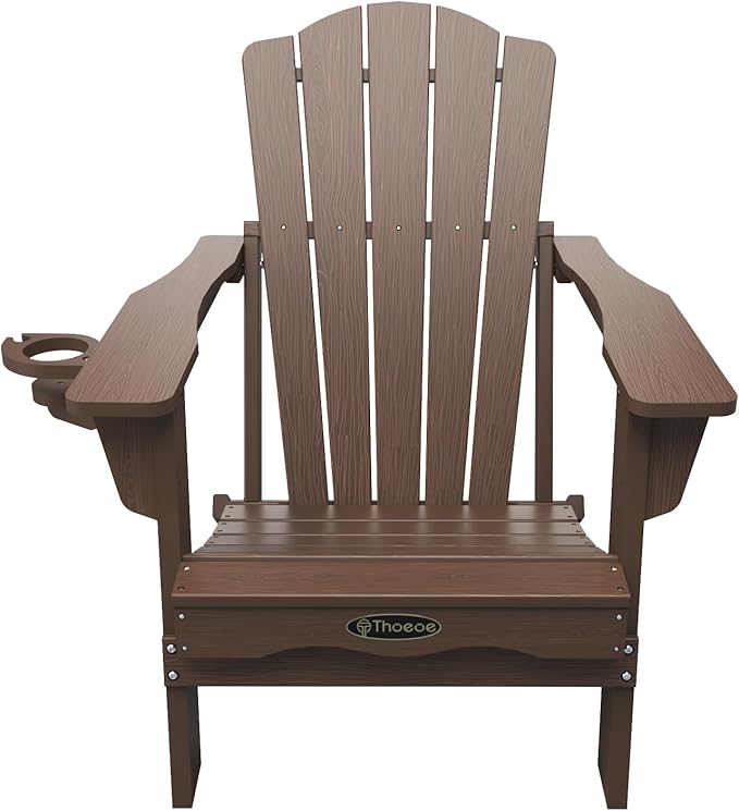 Folding Adirondack Chair Set of 8,HDPE All-Weather Outdoor Chair with Cup Holder,Wooden Textured,Fire Pit Chair,Plastic Patio Chair for Deck,Backyard,Garden,Lawn(Brown)