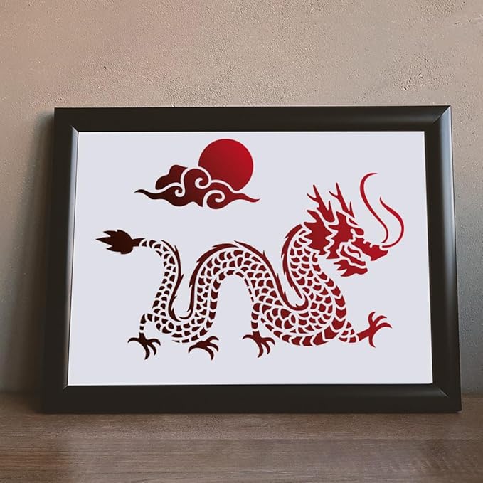 MAYJOYDIY 2 Styles Oriental Dragon Auspicious Clouds Stencil 11.8×11.8/11.7×8.3inch Large Chinese Dragon Sun Drawing Stencils with Paint Brush Asian Dragon Theme Template for Art Crafts Home Decors