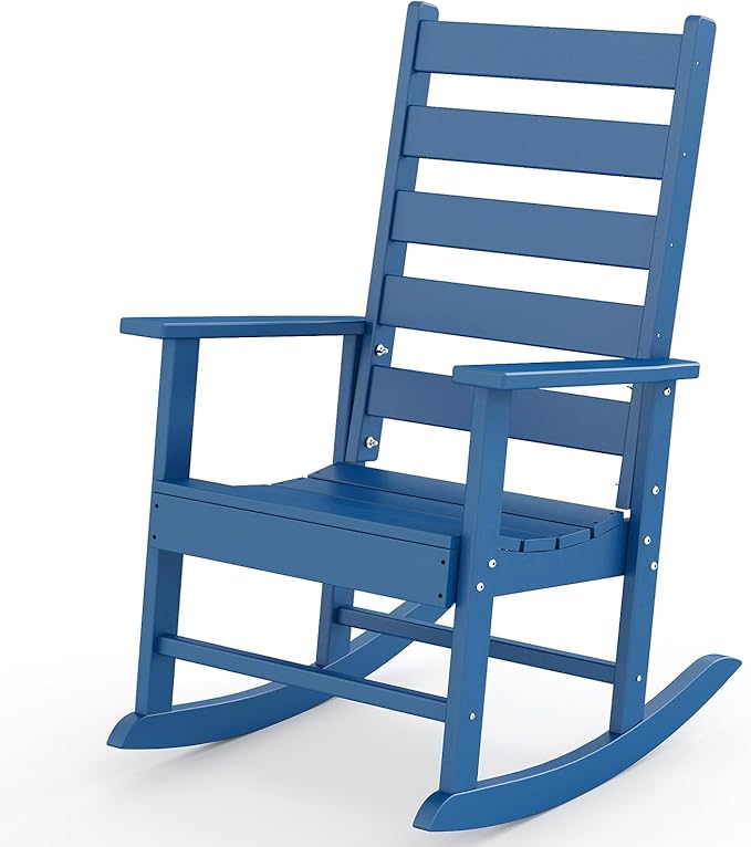 GREENVINES Outdoor-Rocking-Chair | HDPE Plastic | Patio Rockers | Porch Rocker Chairs | Shaker | Oversized | High Ladder Back | Big & Tall | PentaLuxe | Blue