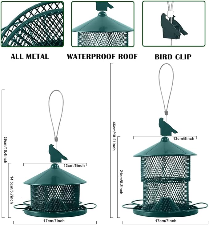 Metal Bird Feeder for Outside, Hanging Bird Feeders Squirrel Proof, 4 Lbs Capacity Iron Mesh Durable Wild Outdoor Birdfeeder with 6 Perches for Finch Cardinals,Gifts for Birds Lovers- Green