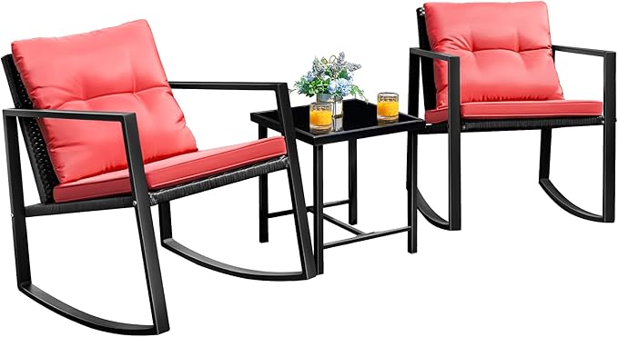 Flamaker Patio Chairs 3 Piece Wicker Rocking Chair Outdoor Bistro Sets with Coffee Table and Cushions Metal Frame Patio Furniture for Porch, Balcony, Lawn (Red)