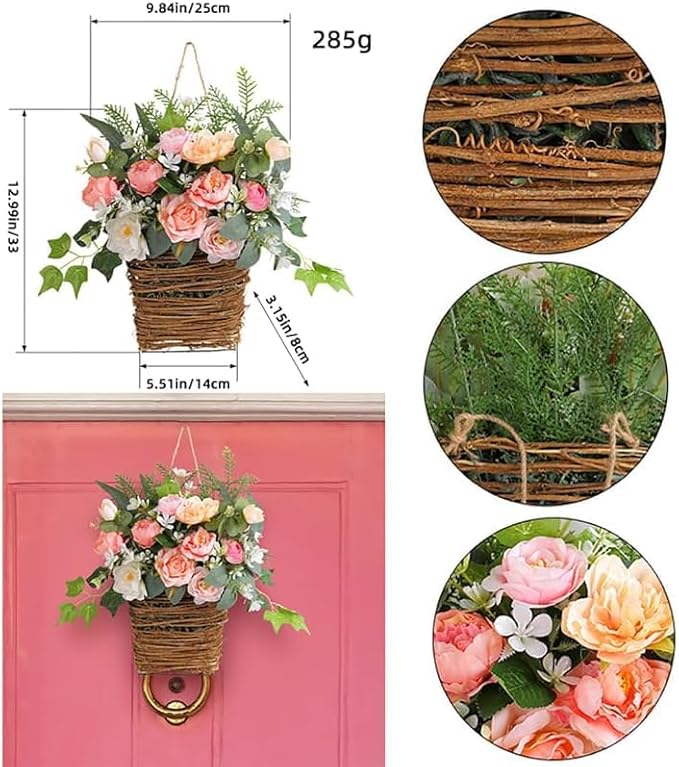 Cream Hydrangea Door Hanger Basket Wreath, Wildflowers Door Hanging Basket, Front Door Beautiful Artificial Spring and Summer Wreath Welcome Sign, Home Porch Farmhouse Decor (D)