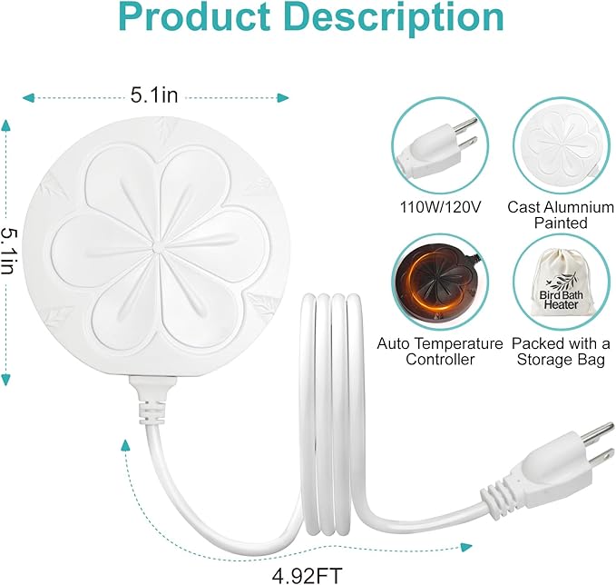 110W Bird Bath Heater for Outdoors in Winter, Submergible Cast Aluminum Chicken Water Heater with Thermostatically Controlled Bird Bath Deicer Pond Deicer for Livestock