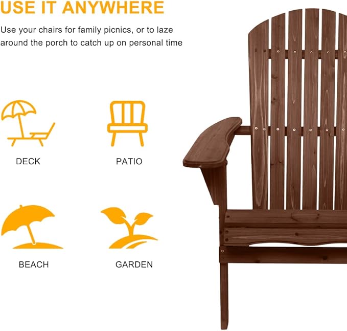 Outvita Wood Adirondack Chair, Folding Wooden Lounge Seating, All Weather Outdoor Furniture Chair with Armrest for Garden Fire Pit Yard Beach, 350 LB Support - Carbonized