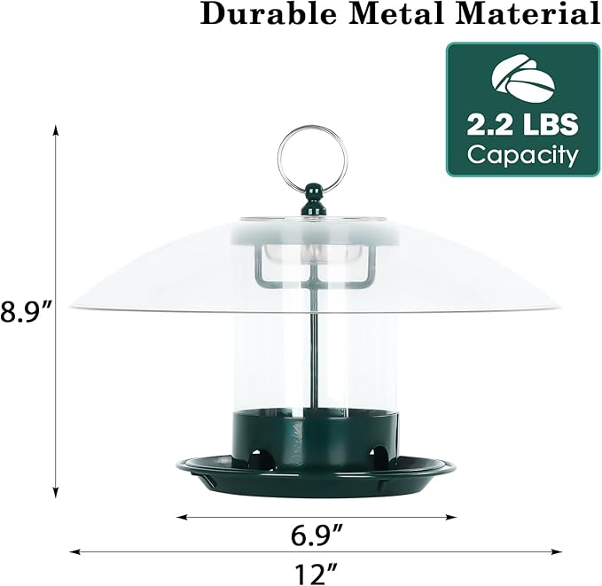 Metal Bird Feeder for Outdoor Hanging with 12” Weatherproof Dome, Weather Resistant Wild Bird Feeder with 360 Degree Feeding Tray, Green