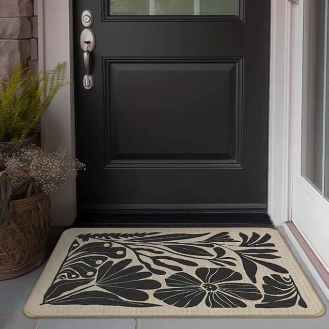Boho Beige and Black Floral Door Mat - Bohemian Neutral Floral Front Door Welcome Mats Outdoor Entrance, 17x30 Rug