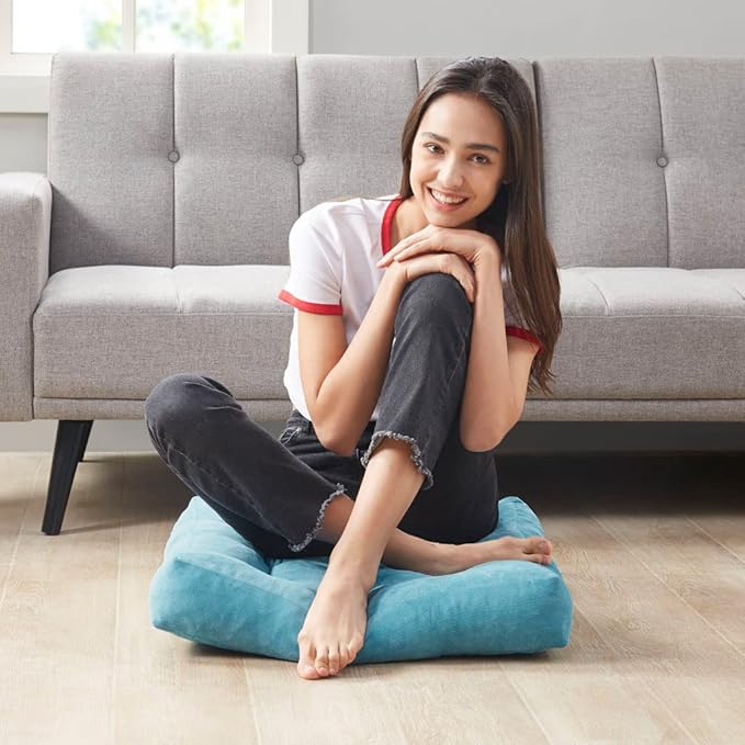 Meditation Floor Pillow Set of 2, Square Large Pillows Seating for Adults, Tufted Corduroy Cushion for Living Room Tatami, Turquoise, 22x22 Inch