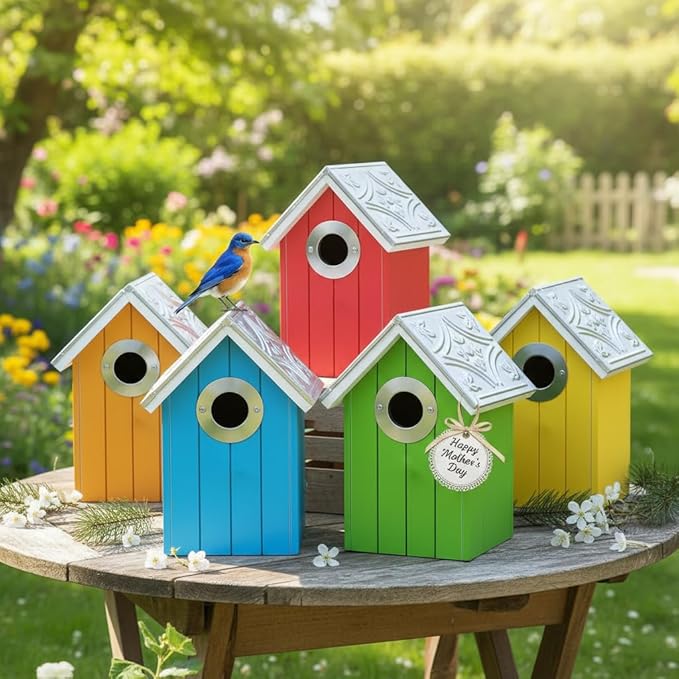 2PK Cedar Bluebird House, Wooden Bird House for Outside, 1.5" Entrance Hole Size, Stainless Steel Entrance Hole Protector, Silver Metal Roof, Colorful Garden Decorative (Green+Blue) Updated Version