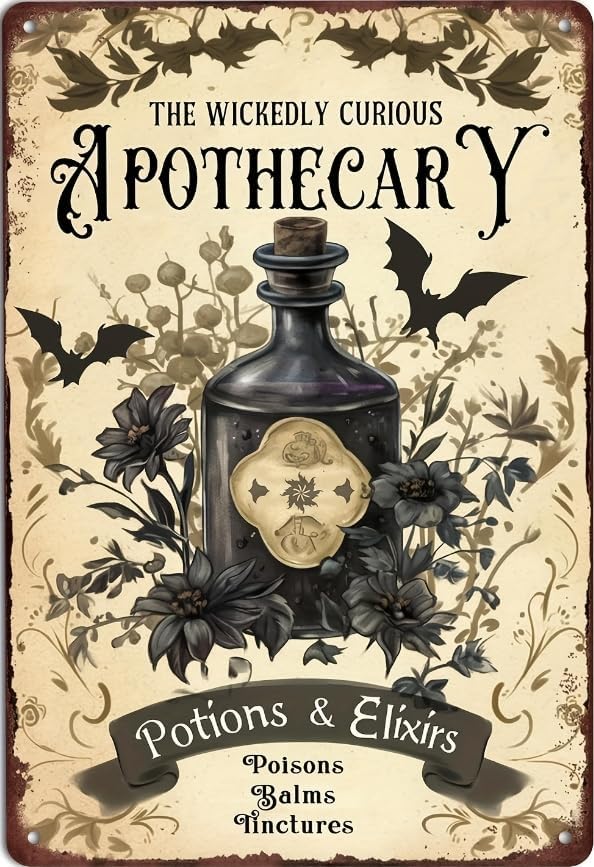 Vintage Apothecary Potions Tin Sign – 8x12 Metal Wall Art for Halloween, Haunted House, Farmhouse Decor, Kitchen, Home or Bar