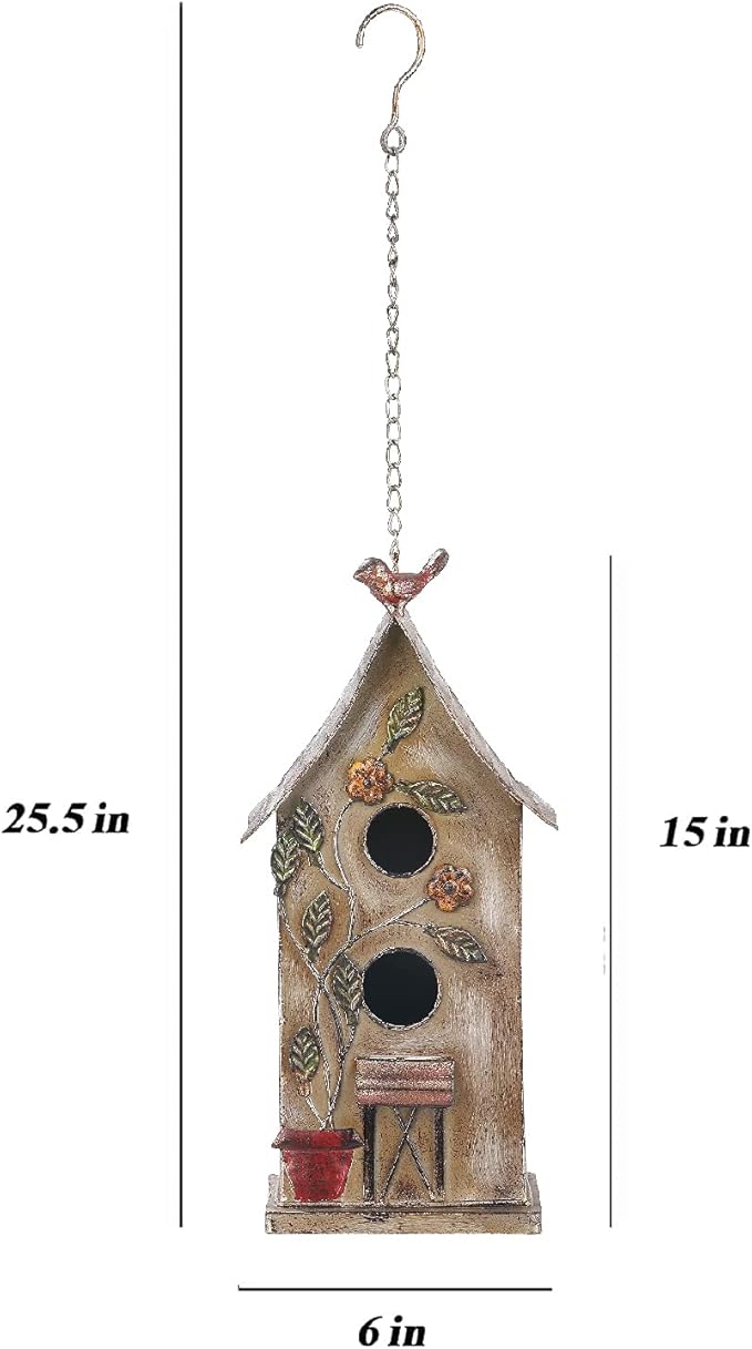 Jemeni 15" H Distressed Metal Birdhouses for Outdoors Hanging, Bird House Decorative for Outside Garden Yard, Double Hole with Floral Accents…………
