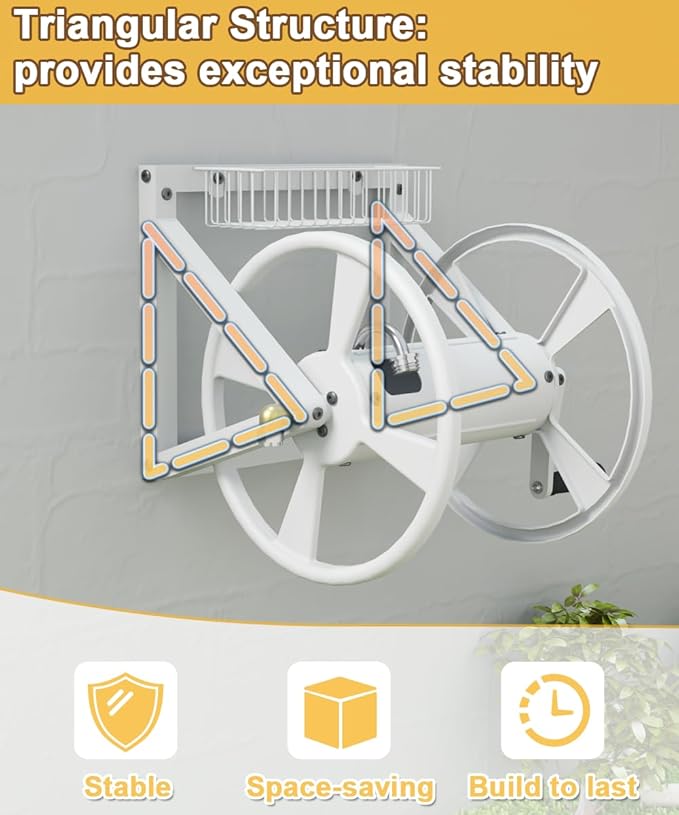 Triangle Wall Mounted Garden Hose Reel, Outdoor Heavy-Duty Water Hoses Holder Winder, Holds 125 Ft of 5/8-Inch Hose, with 3.9 ft Leader Hose, Brass Fitting, Storage Basket for Yard, White