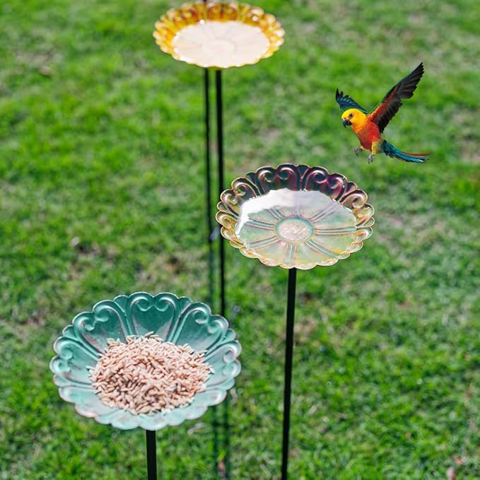 DREAMSOUL Flower Bird Bath with Metal Stake, Small Bird Baths for Outdoors Birdbath Set for Bird Lovers Garden Decoration (4 PCS)