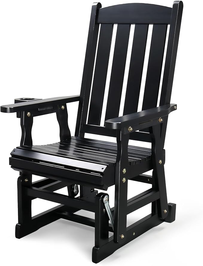 VINGLI Outdoor Glider Chair Wood Patio Glider with Cup Holder, Porch Glider with Smooth Rocking Mechanism, Heavy Duty 600 LBS, Black
