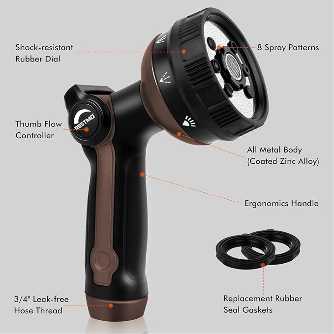 RESTMO Full Shower Hose Nozzle, Metal Spray Nozzle for Garden Hose, 8 Spray Patterns, Water Hose nozzle with Thumb Control, Ideal for Outdoor Lawn & Plant Watering, Car & Pet Washing, Brown