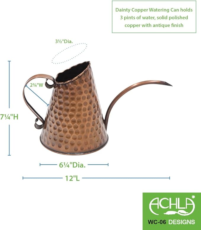 Achla Designs Dainty Hammered Copper Watering Can, 3 Pint