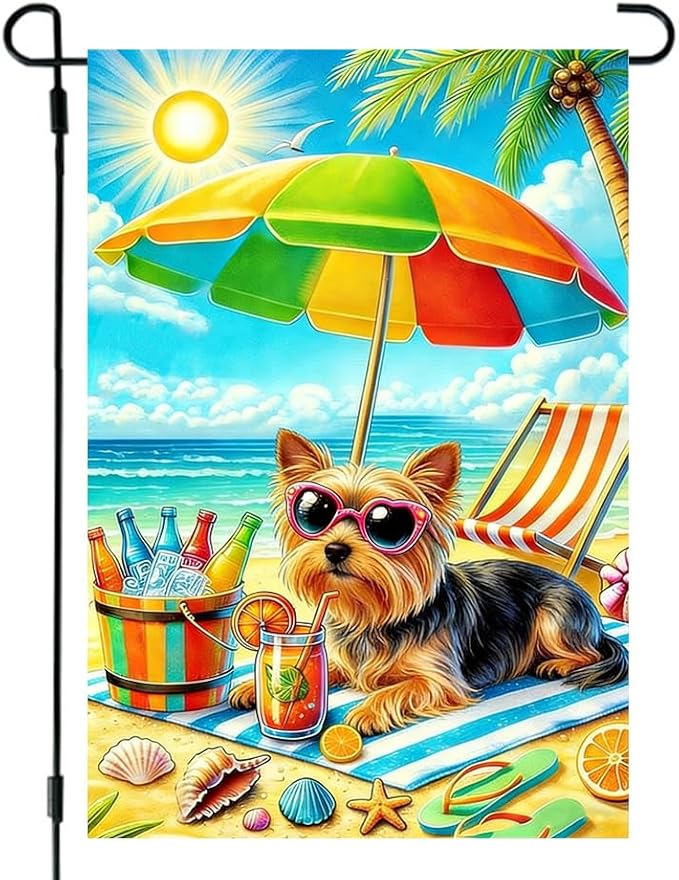 Summer Garden Flags for Outside 12x18 Double Sided, Burlap Beach Yorkie Dog Garden Flag Summer Coastal Decoration, Small Decorative Ocean Outdoor Yard Lawn Porch Flags