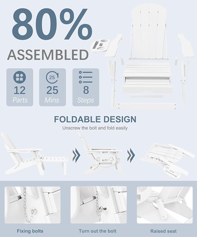 Adjustable Adirondack Chair with Retractable Ottoman Set of 6, HDPE Folding Adirondack Chair with Cup Holder, All Weather Fire Pit Chair for Outdoor.