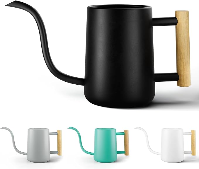 35 Ounce Metal Small Indoor Watering Can with Long Spout & Real Wood Handle for House Plants, Succulents, Cacti & Seedlings - Black Long Spout Watering Can Indoor Plants - Gentle Flow & No Spills