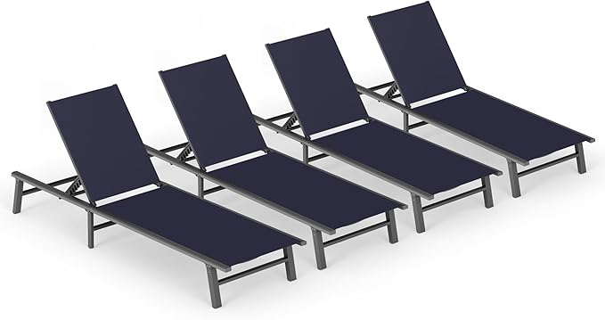 Foldable Outdoor Lounge Chair Set of 4, No Assembly Aluminum Chaise Lounge Outdoor with 5-Positions, Aluminum Pool Lounge Chairs with Portable Design for Poolside, Beach, Deck, Patio, Navy Blue