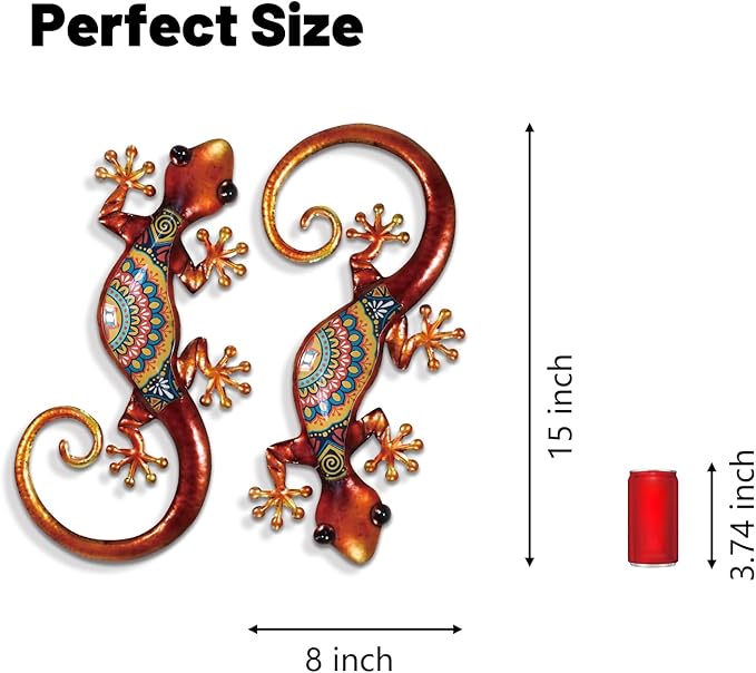 LIFFY Lizard Metal Wall Art Decor - 2 Pack 15 Inch Metal Wall Decor, Lizard Outdoor Hanging Glass Sculpture Decoration for Yard Garden Art, Patio Fence Home, Unique Gift Ideas