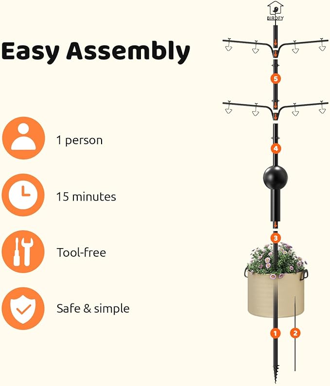 NETVUE by Birdfy Bird Feeder Pole with Effective Squirrel Baffle, 108 Inch Rust-Proof Pole Kit, 8 Adjustable Hooks for Outdoor Wild Bird Feeder, Bath, House Hanging & Mounting