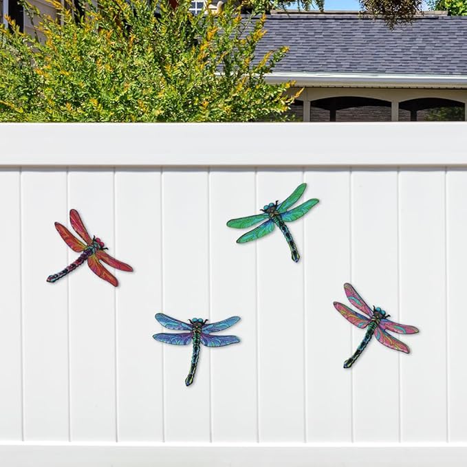 dreamskip Metal Dragonfly Wall Decor Art, 4 Pack Colorful Metal Dragonflies Outdoor Wall Art, Hand Painted Outdoor Wall Decor For Garden, Yard, Fence, Patio, Outside, Living Room Decoration