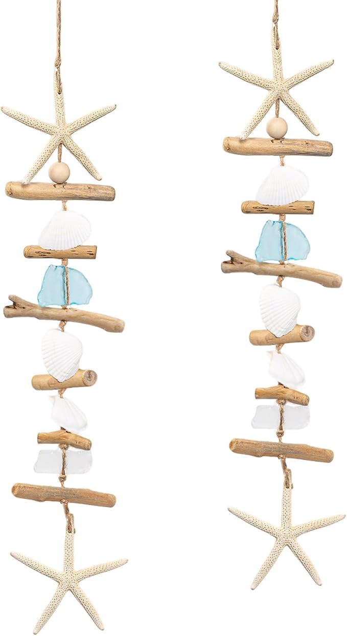 JQAQJU 2PCS Wooden Driftwood Wall Decor, Starfish Bathroom Decor with Sea Shells, Driftwood Beach Room Decor for Home Indoor Outdoor, Coastal Wall Art for Living Room, Bedroom and Dining Room Blue